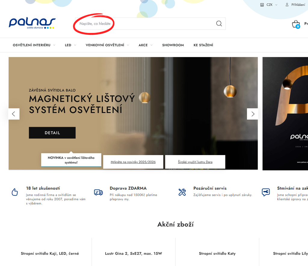 Vyhledávání na e-shopu palnas.cz